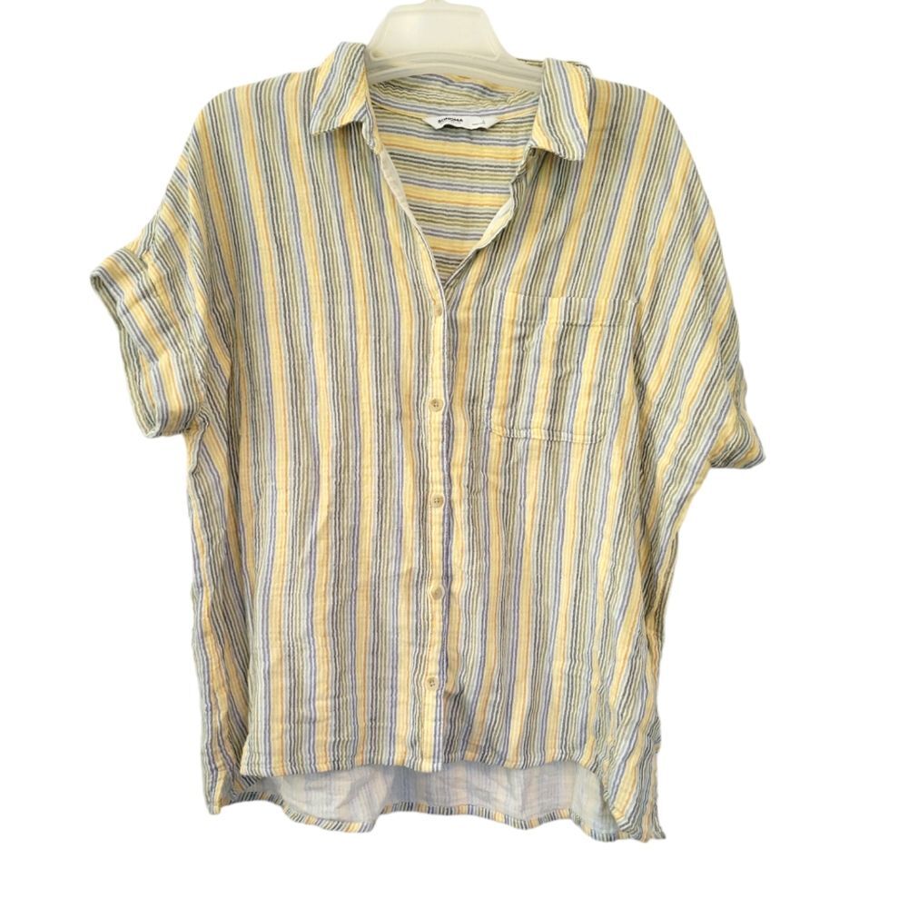 Sonoma Gauzy Cotton Short Sleeve Button Down Top Multi Happy Stripe Size L NWT